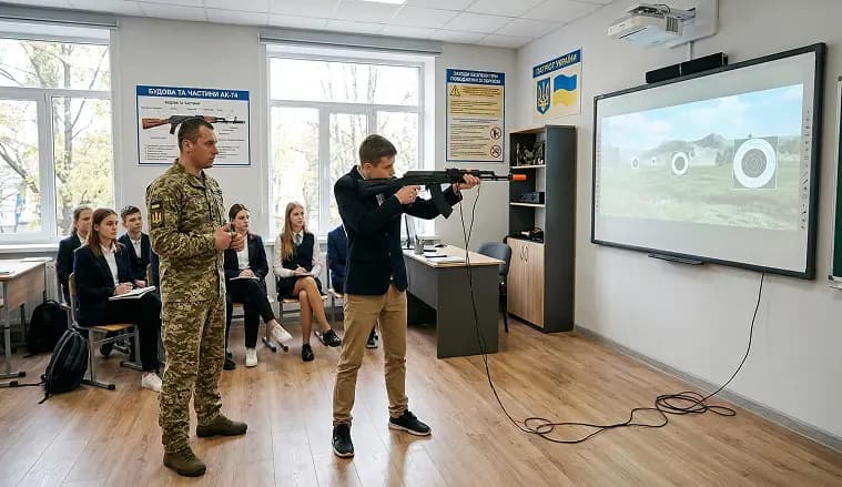 Інтерактивний лазерний тир у школі: учень цілиться з навчального макета АК-74 на уроці «Захист України» під керівництвом військового інструктора