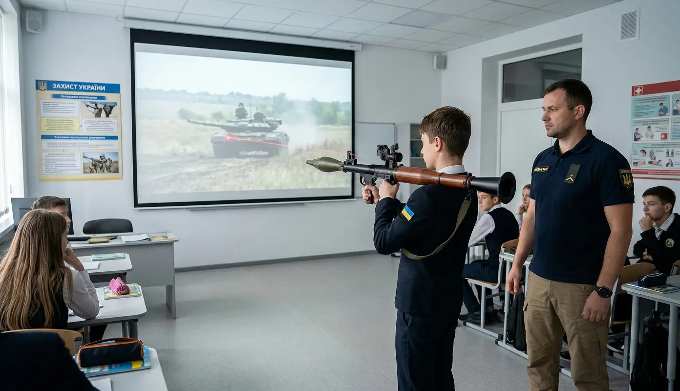 Instructor watching a trainee aim a training grenade launcher at a projected tank in an interactive shooting range