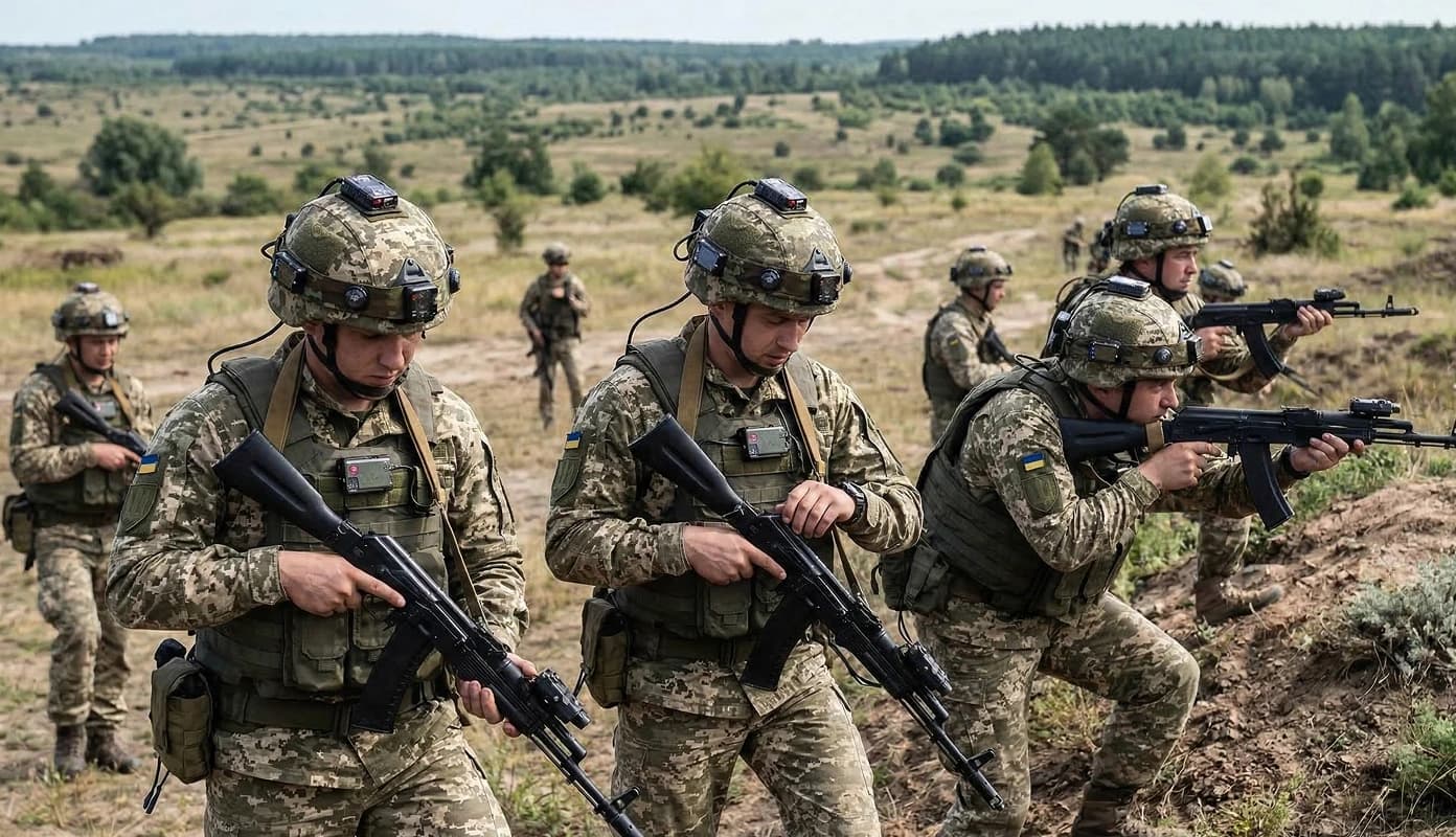 Група екіпірованих військових проводить тактичне тренування з лазерною зброєю на відкритій місцевості в умовах лісового ландшафту