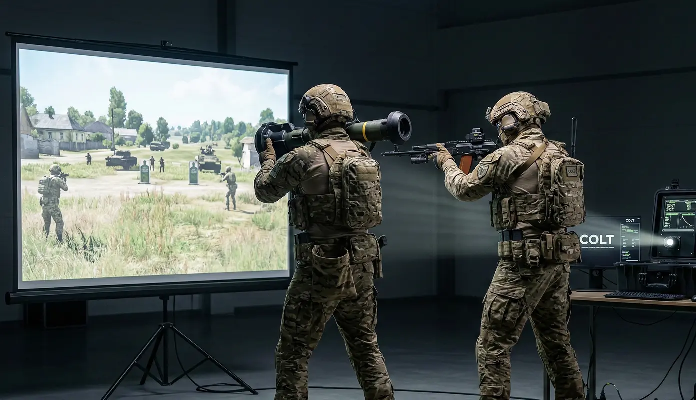 Soldiers aiming laser simulators of small arms and anti-tank weapons at virtual targets on a large projection screen