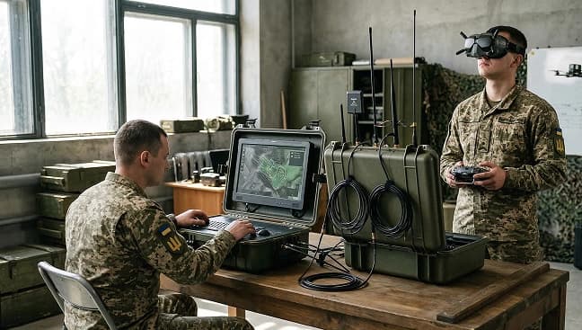 Військовослужбовці тренуються на симуляторі управління БпЛА: штурман за монітором та пілот у VR-окулярах