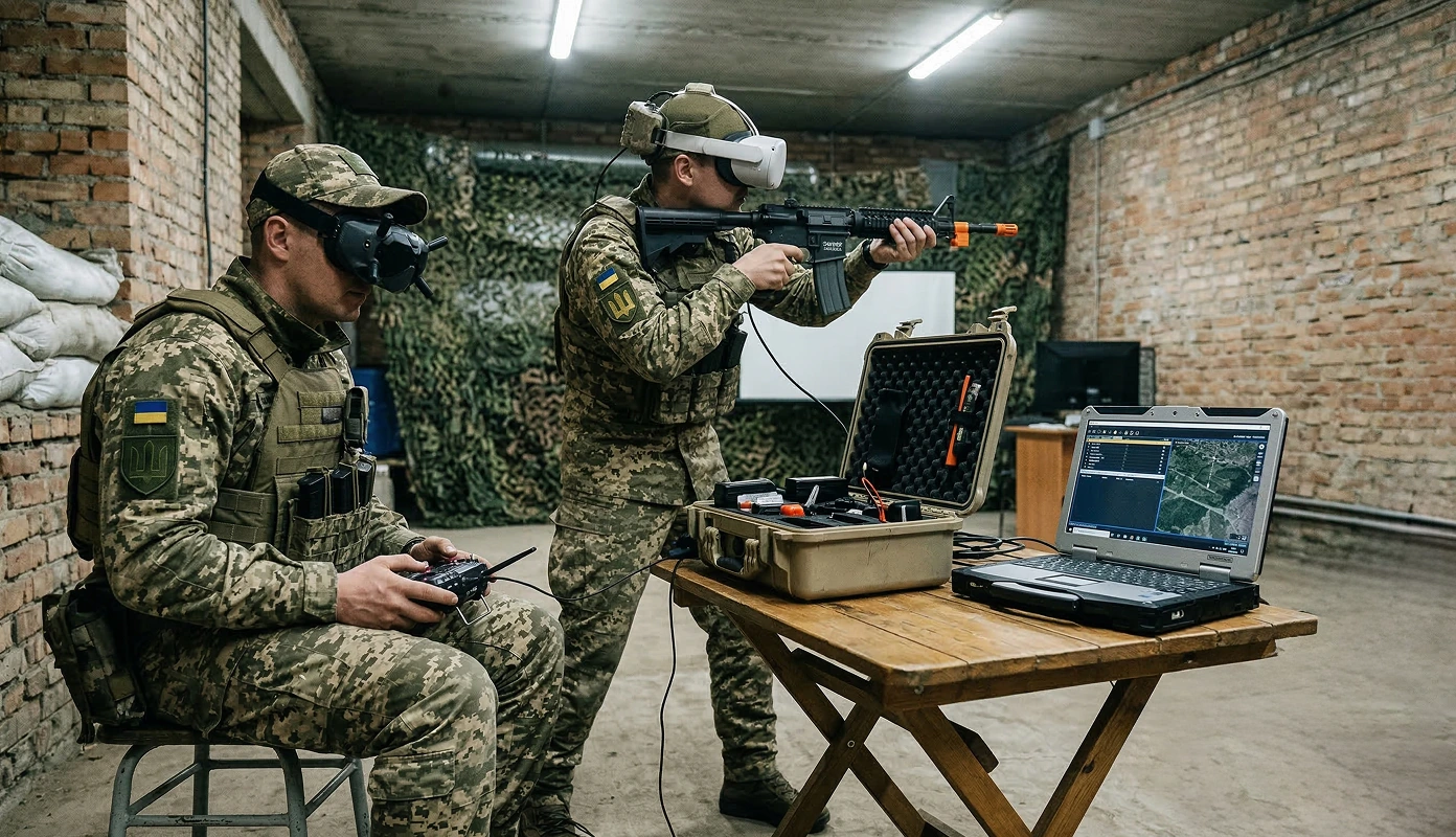 Військові оператори тренуються керувати БпЛА за допомогою пульта, VR-окулярів та спеціалізованого програмного забезпечення на ноутбуці