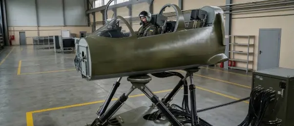 Пілот у шоломі сидить у кабіні динамічного симулятора реактивного літака, який функціонує на базі рухомої шестиосьової платформи