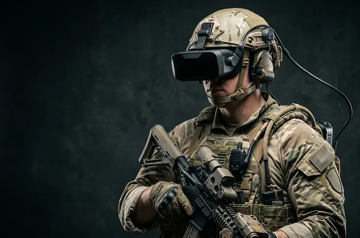 Військовослужбовець у VR-шоломі та тактичному екіпіруванні з макетом зброї AR-15, підключений до системи віртуальної симуляції