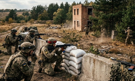 Військовослужбовці відпрацьовують штурмові операції в сільській місцевості, займаючи вогневі позиції за укріпленнями з бетонних плит та мішків з піском
