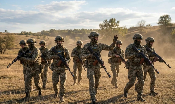 Група військовослужбовців у повному екіпіруванні виконує тактичне пересування відкритим полем у сонячний день під час відпрацювання польової місії